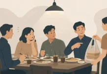 Ilustrasi rekan kantor makan bersama, satu orang memesan makanan tambahan untuk dibungkus saat traktiran