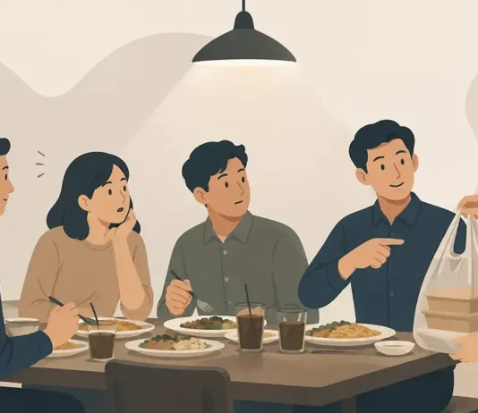 Ilustrasi rekan kantor makan bersama, satu orang memesan makanan tambahan untuk dibungkus saat traktiran