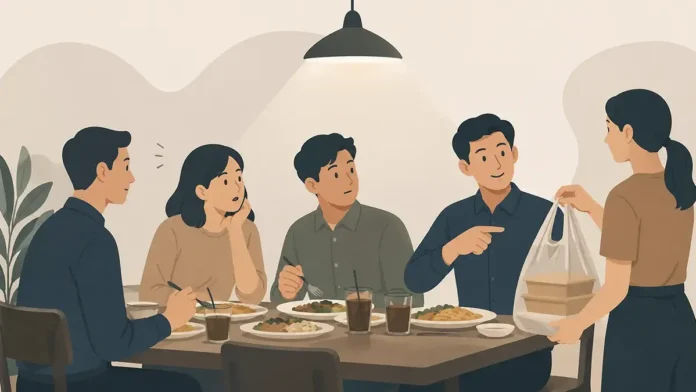 Ilustrasi rekan kantor makan bersama, satu orang memesan makanan tambahan untuk dibungkus saat traktiran